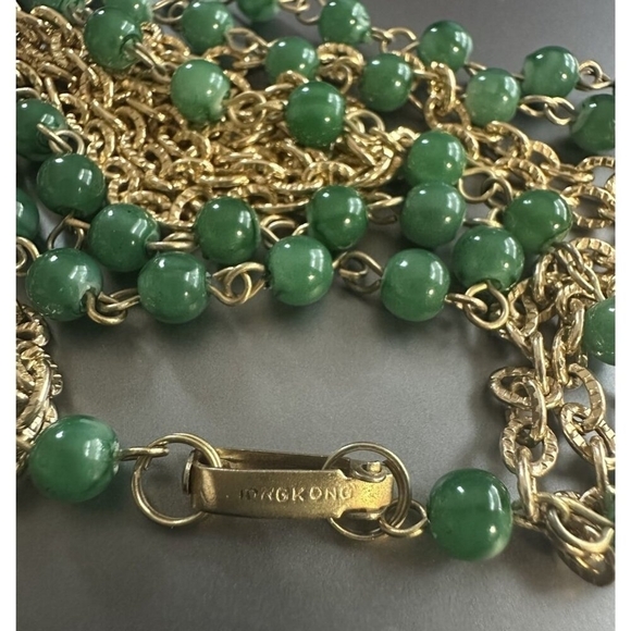 HongKong Gold Tone Chain Necklace Green Beads Multilayered Oversized Jewelry 32" - Picture 5 of 5